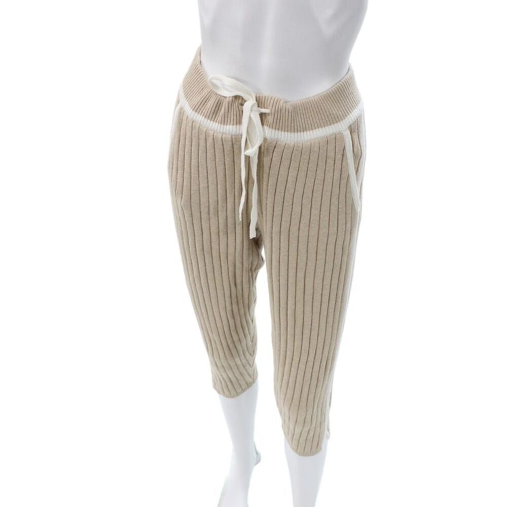 Minnie Rose Womens Cropped Jogger Pants Beige Striped Cotton Drawstring Size XS